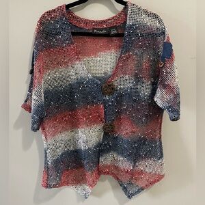 Frazzle Mesh Big Button Cardigan Open Weave Asymmetrical Hem 4 July Top M boxCW